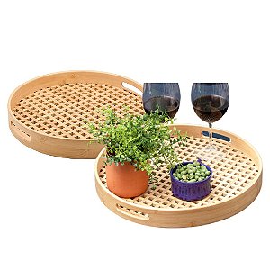 Kit 2 Bandejas Vazada de Bambu Para Servir Café da Manhã Decorativa Multiuso 40cm Redonda