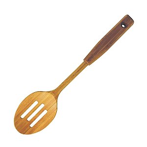 Colher Vazada De Bambu 35cm Natural Para Cozinha Reforçada Oikos