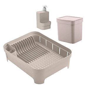 Kit Organizador de Pia Bancada Cozinha 3pcs Conjunto Escorredor Louças Porta Detergente Lixeira Ou