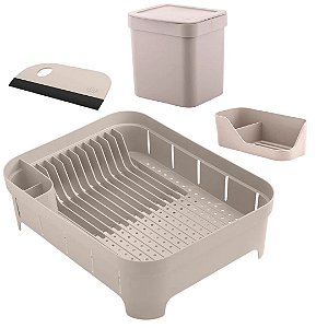 Kit Organizador de Pia Bancada Cozinha 4pcs Escorredor Louças Porta Detergente Lixeira e Rodinho Ou