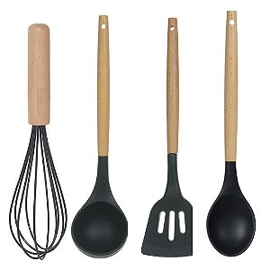 Jogo de Utensílios Cozinha Silicone Cabo Madeira Conjunto Kit 4 Peças