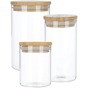 Kit 3 Potes Hermético de Vidro Tampa Bambu p/ Mantimentos Condimentos Alimentos Jogo Organizador