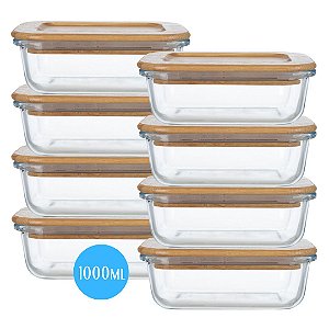 Kit 8 Potes Hermético de Vidro Tampa Bambu Marmita 1 Litro Vasilha Alimentos