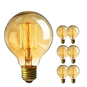 Kit 6 Lampadas Retro Vintage Filamento Carbono G125 60W 127V Âmbar Gold Branca Quente Kian