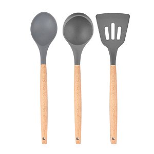 Jogo de Utensílios Cozinha Silicone Cabo Madeira Conjunto Kit 3 Peças