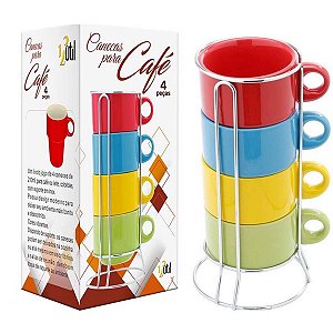 Jogo Kit 4 Xícaras De Café Chá 210ml Cerâmica Coloridas Com Suporte