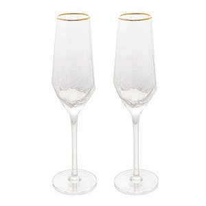 Jogo 2 Taças Cristal Champagne Espumante com Borda Dourada Luxo 300ml Wolff