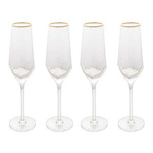 Jogo 4 Taças Cristal Champagne Espumante com Borda Dourada Luxo 300ml Wolff