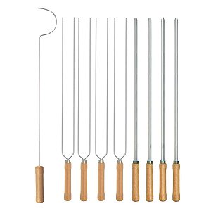 Kit Preparo Churrasco 9pcs Churrasqueira Espetos 65cm Simples e Duplo Cabo Madeira Mor