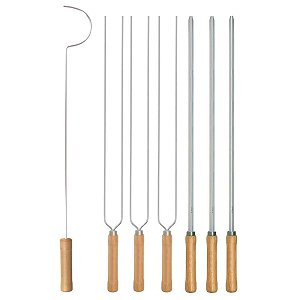 Kit Preparo Churrasco 7pcs Churrasqueira Espetos 65cm Simples e Duplo Cabo Madeira Mor