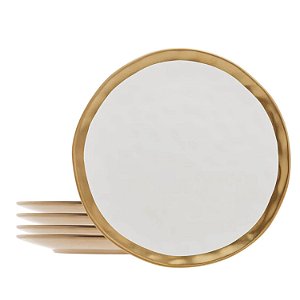 Jogo 4 Pratos Raso Refeição de Porcelana Dubai Luxo Dourado 25cm Wolff