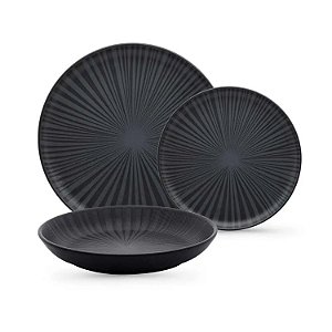 Jogo de Pratos Kit 18 Peças Oxford Cerâmica Flat Ônix Preto
