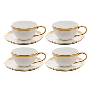 Jogo Xicara de Chá Café C/ Pires 4pcs Porcelana Dubai 200ml Luxo Borda Dourada