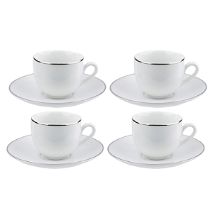 Jogo Xicaras De Chá Café Com Pires 220ml Porcelana Kit 4 Peças Borda Prata Luxo Legacy Silver