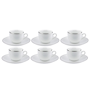 Jogo Xicaras De Chá Café Com Pires 220ml Porcelana Kit 6 Peças Borda Prata Luxo Legacy Silver