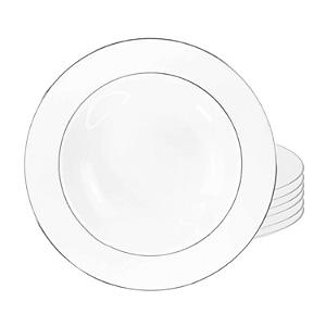 Jogo De Pratos Fundo 20,5cm Porcelana Kit 6 Peças Luxo Borda Prata Majesty Silver