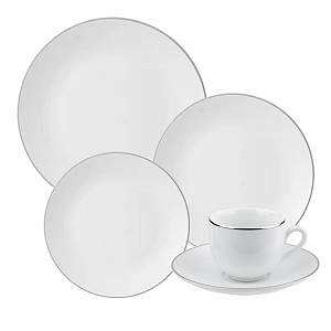 Aparelho De Jantar Jogo Pratos Chá Porcelana Kit 16 Peças Borda Prata Legacy Silver Luxo