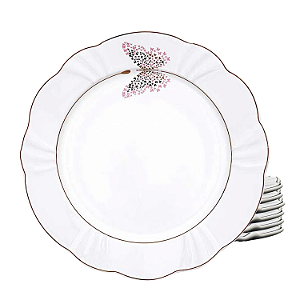Kit Jogo 6 Pratos De Sobremesa Porcelana Borda Dourada 23cm Borboleta Soleil Encantada