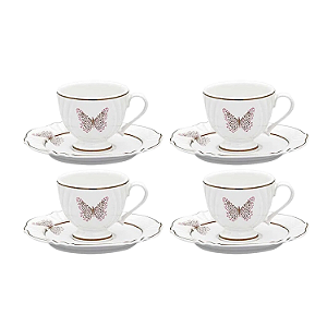Jogo Xicaras de Café Com Pires 75ml Kit 4 Peças Porcelana Soleil Encantada Oxford Borboleta