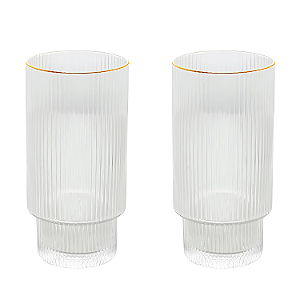 Jogo 2 Copos Altos 400ml Cristal Canelado Suco Água Borda Dourada Fio De Ouro Lines Wolff