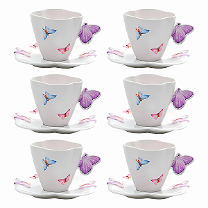 Jogo Xicaras de Chá Café Com Pires Kit 6 Peças 200ml Borboleta Wolff Porcelana