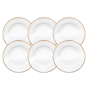Jogo De Pratos Rasos Jantar Refeição Kit 6 Peças 28cm Borda Dourada Porcelana Sofia Oxford