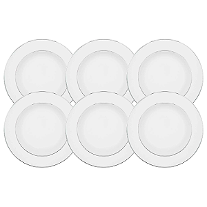 Jogo De Pratos Fundo 23cm Kit 6 Peças Porcelana Luxo Borda Prata Diamond Oxford