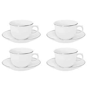 Jogo 4 Xicaras de Chá Café C/ Pires 240ml Porcelana Luxo Borda Prata Isabel Oxford