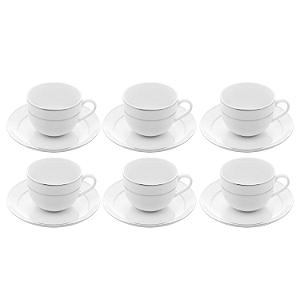 Jogo 6 Xicaras De Chá Café Com Pires 220ml Branco Borda Prata Porcelana Mônaco Wolff