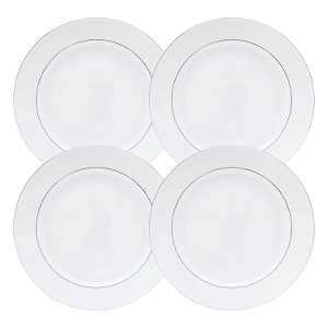 Jogo De Pratos Rasos Jantar Kit 4 Peças 27cm Borda Prata Mônaco Porcelana Branco Luxo