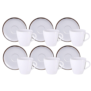 Jogo Xícaras De Chá Café Com Pires Kit 6 Peças 200ml Canyon Porcelana Bordas Decoradas Tramontina