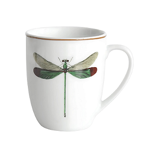 Caneca Xicara 340ml Chá Café Libélula Porcelana Decorada Brown Rim