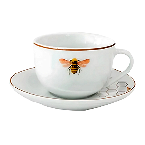 Xícara De Café Chá Com Pires 80ml Abelha Porcelana Decorada Borda Marrom Luxo