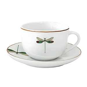 Xícara De Café Chá Com Pires 80ml Libélula Porcelana Decorada Borda Marrom Luxo
