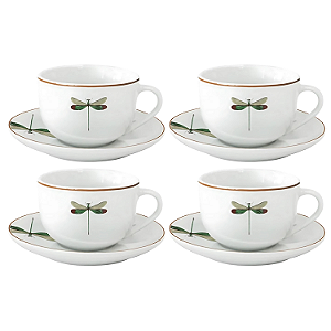 Jogo De Xícaras Chá Café Com Pires 220ml Kit 4 Peças Libélula Borda Marrom Porcelana
