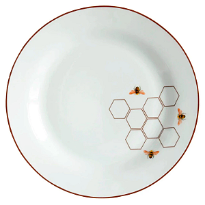 Jogo Pratos Rasos Jantar Refeição 27cm Kit 6 Peças Abelha Porcelana Borda Marrom