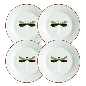 Jogo De Pratos Sobremesa 19cm Kit 4 Peças Libélula Porcelana Borda Marrom