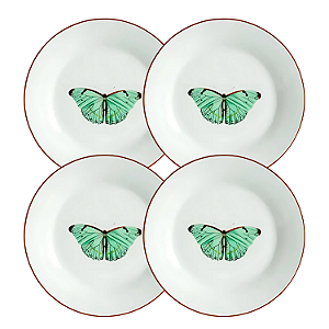 Jogo De Pratos Sobremesa 19cm Kit 4 Peças Borboleta Porcelana Borda Marrom