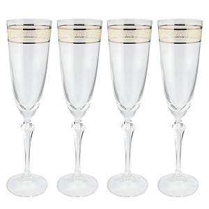 Jogo De Taças Champanhe Espumante 200ml Kit 4 Peças Cristal Friso Dourado Luxo