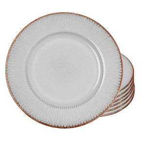 Jogo Pratos De Sobremesa Kit 6 Peças 20cm Linear Cerâmica Lyor Rustico