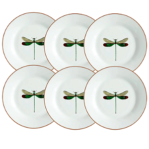 Jogo De Pratos Sobremesa 19cm Kit 6 Peças Libélula Porcelana Brown Rim Luxo