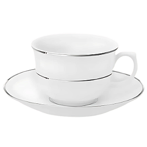 Xicara De Chá Café Com Pires 240ml Porcelana Luxo Borda Prata Diamond Oxford