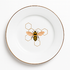 Prato De Sobremesa 19cm Abelha Porcelana Decorada Borda Marrom