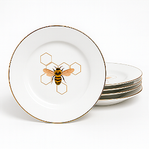 Jogo de Prato Sobremesa 19cm  Kit 4 Pçs Abelha Porcelana Decorada Borda Marrom
