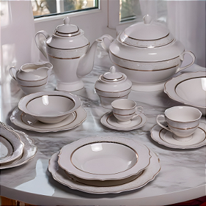 Aparelho De Jantar Jogo Pratos Chá 50 Peças Porcelana Completo Borda Dourada Trésor Luxo