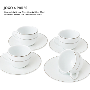 Jogo Xicaras De Café Com Pires 90ml Kit 4 Peças Borda Prata Porcelana Majesty Silver Luxo
