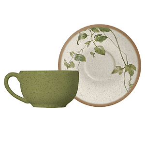 Xicara de Chá Café Com Pires 250ml Cerâmica Tropical Leaves Alleanza