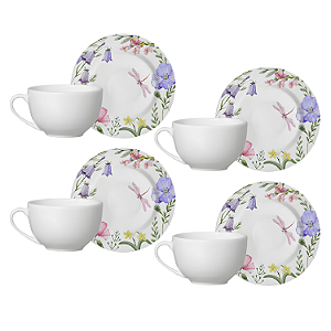 Jogo 4 Xícaras Chá Com Pires 250Ml Alleanza Lelis Cerâmica