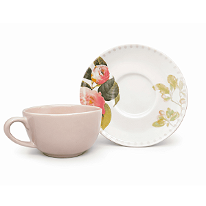 Xícara De Chá Com Pires 200ml Garden Cerâmica Decorada Floral Oxford