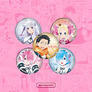 Kit com 5 Bottons Re:Zero - (3,5cm) Broche Alfinete